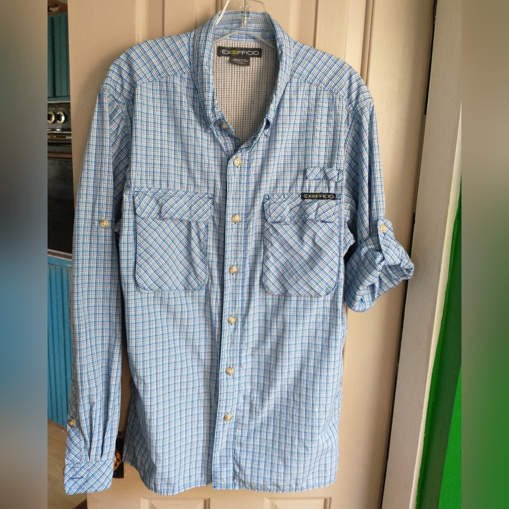 Men's Exfficio Vented Blue Plaid Long Sleeve Shirt  Size Large
